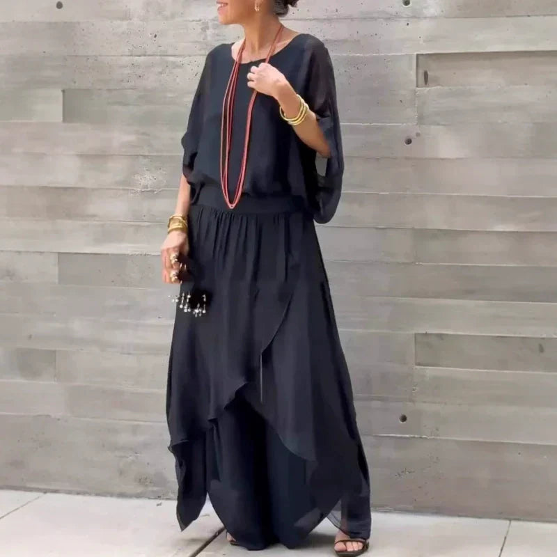 Luxe Chiffon Set | Loose Top & Slit Wide-Leg Pants 1