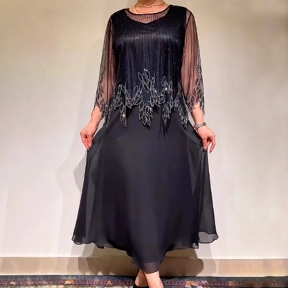 Luxe Shimmer Dress | Elegant Black Tulle Overlay, Formal Wedding Guest Cocktail Dress 0