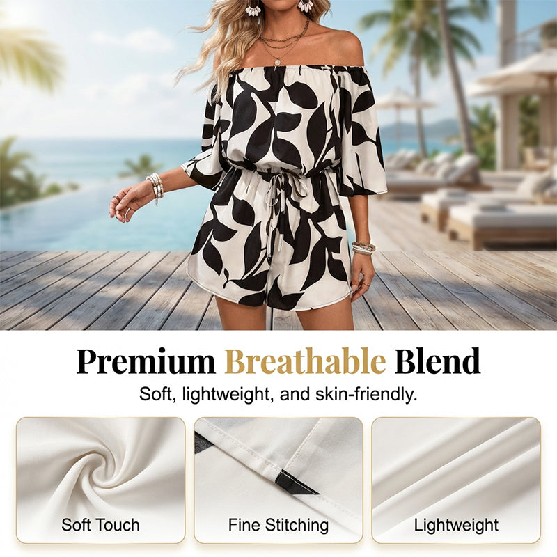 Oriana Off Shoulder Jumpsuit | Adjustable Drawstring, Abstract Print 7
