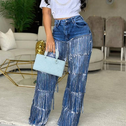 Sera Women's Jeans | Relaxed Fit, Tiered Tassels, Black 9