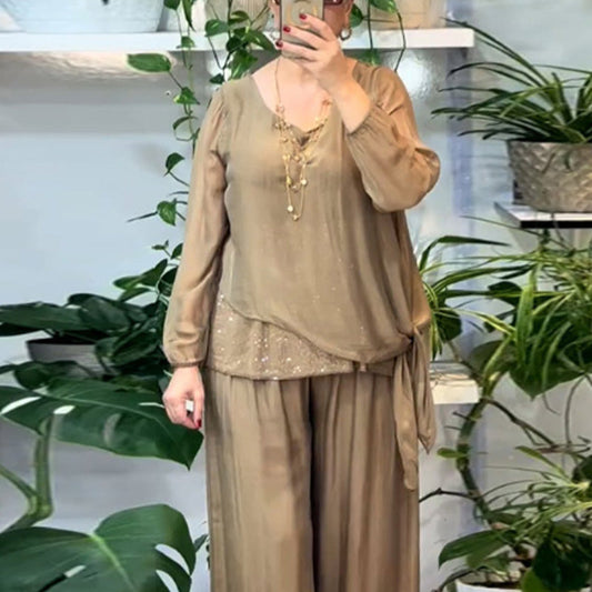 Sera Women's Set | Sequin Blouse & Wide-Leg Pants, Elegant Two Piece Set 0