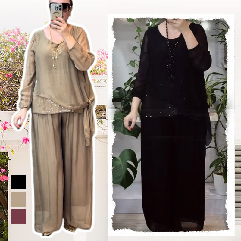 Sera Women's Set | Sequin Blouse & Wide-Leg Pants, Elegant Two Piece Set 1