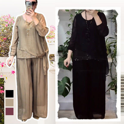 Sera Women's Set | Sequin Blouse & Wide-Leg Pants, Elegant Two Piece Set 1