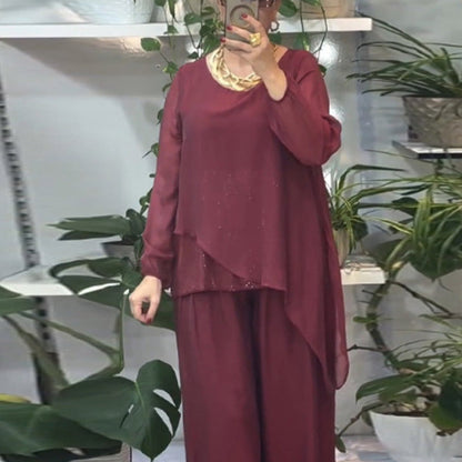 Sera Women's Set | Sequin Blouse & Wide-Leg Pants, Elegant Two Piece Set 9