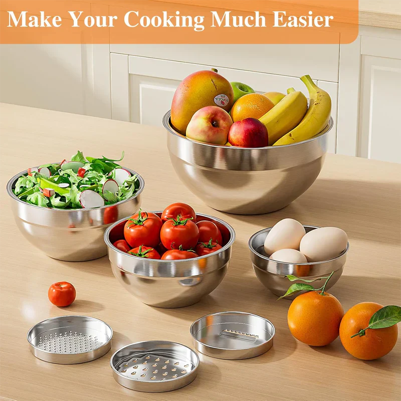 Sleek Mixing Bowl Set | Stainless Steel, 6 Bowls with Lids and Grater Attachments 0