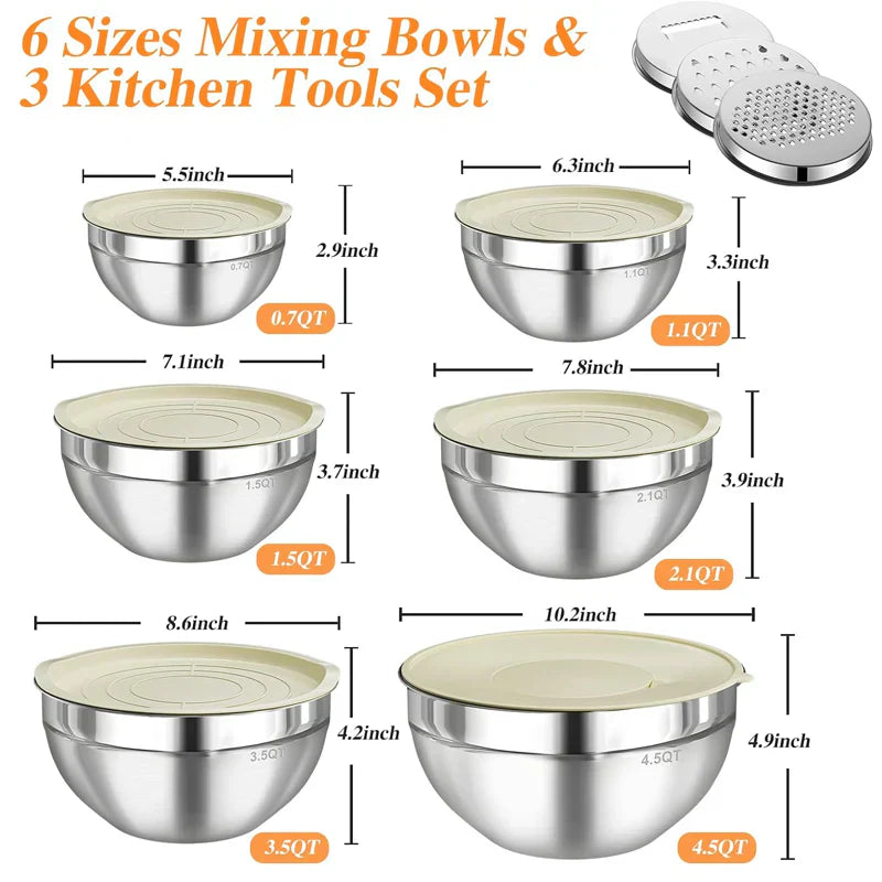 Sleek Mixing Bowl Set | Stainless Steel, 6 Bowls with Lids and Grater Attachments 2