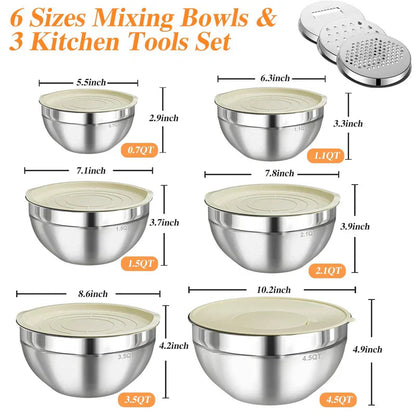 Sleek Mixing Bowl Set | Stainless Steel, 6 Bowls with Lids and Grater Attachments 2