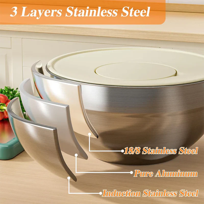 Sleek Mixing Bowl Set | Stainless Steel, 6 Bowls with Lids and Grater Attachments 6