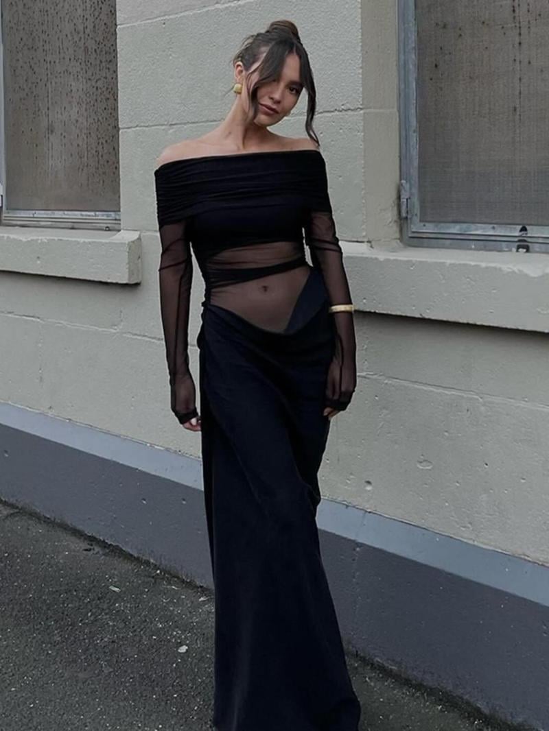 Sola Maxi Dress | Off Shoulder, Pleated Sheer Mesh Design 1