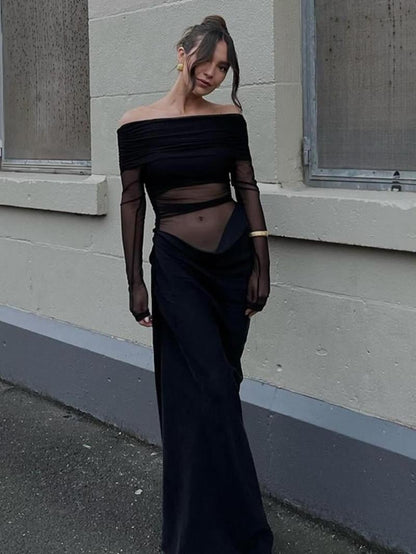 Sola Maxi Dress | Off Shoulder, Pleated Sheer Mesh Design 1