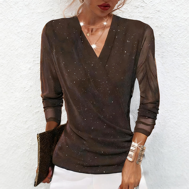 Sparklia Crossover Top | Elegant V-Neck, Sheer Sleeves, Women's Going Out Blouse 0