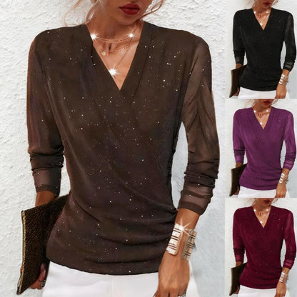 Sparklia Crossover Top | Elegant V-Neck, Sheer Sleeves, Women's Going Out Blouse 1