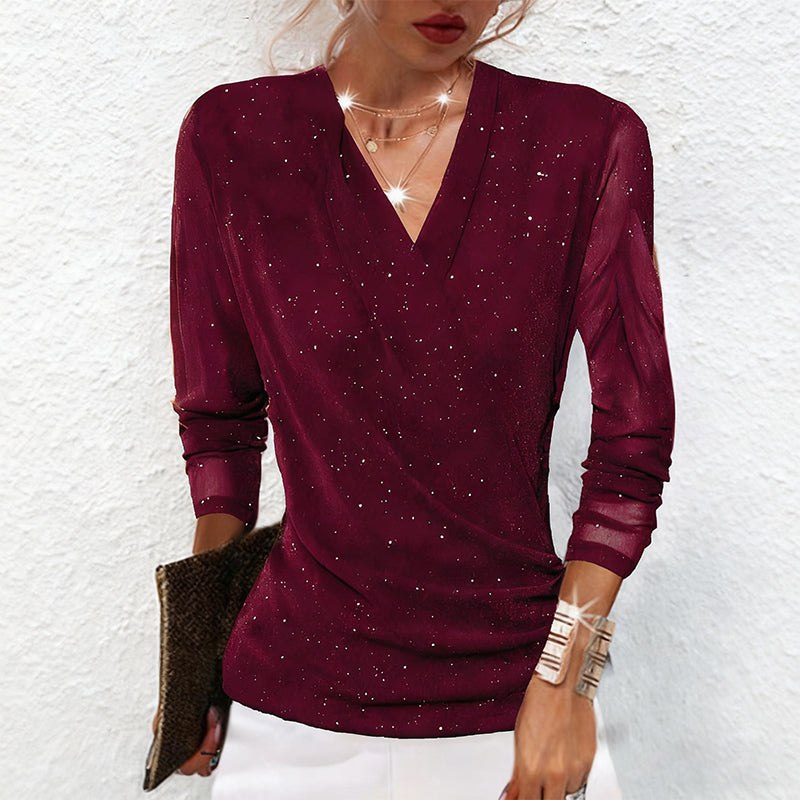 Sparklia Crossover Top | Elegant V-Neck, Sheer Sleeves, Women's Going Out Blouse 2