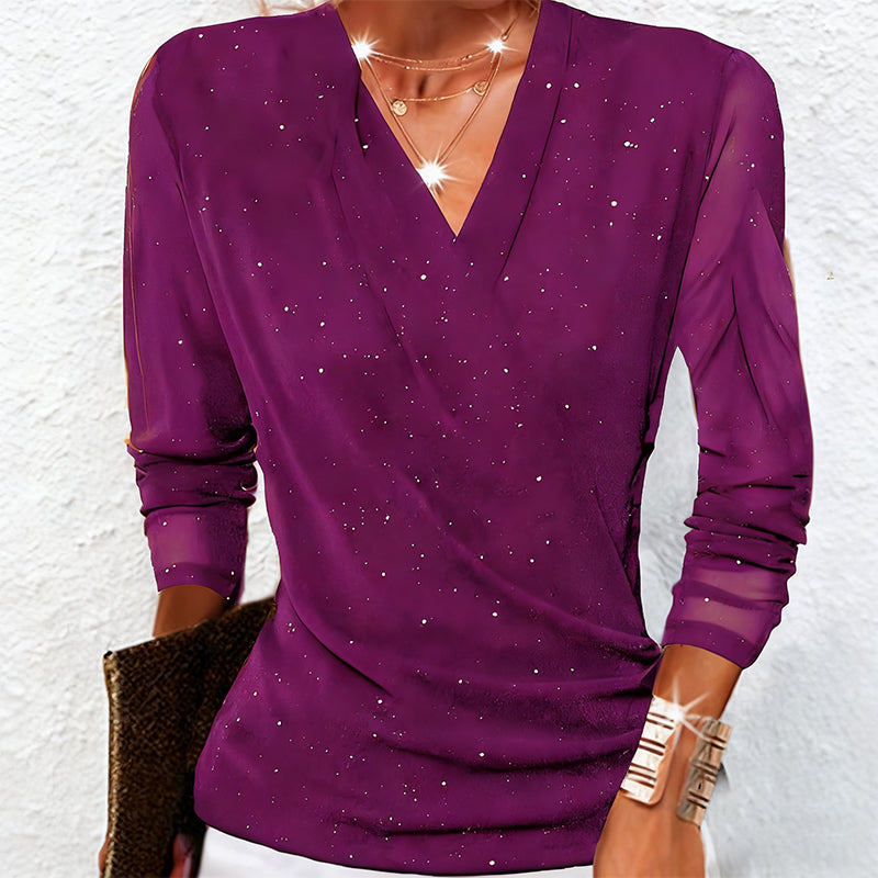 Sparklia Crossover Top | Elegant V-Neck, Sheer Sleeves, Women's Going Out Blouse 3
