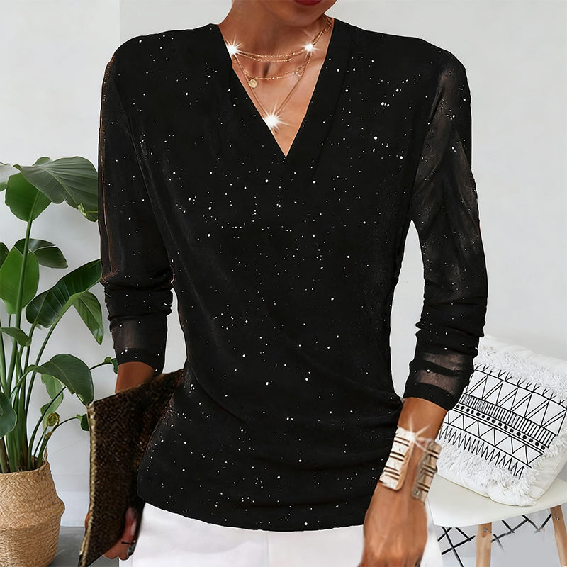 Sparklia Crossover Top | Elegant V-Neck, Sheer Sleeves, Women's Going Out Blouse 4