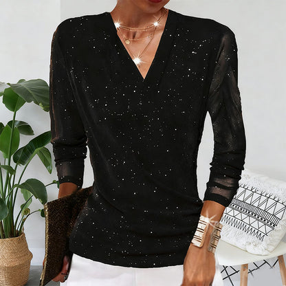 Sparklia Crossover Top | Elegant V-Neck, Sheer Sleeves, Women's Going Out Blouse 4