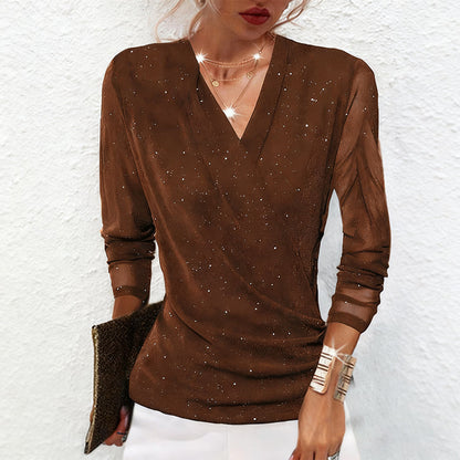 Sparklia Crossover Top | Elegant V-Neck, Sheer Sleeves, Women's Going Out Blouse 5