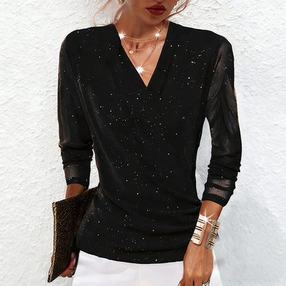 Sparklia Crossover Top | Elegant V-Neck, Sheer Sleeves, Women's Going Out Blouse 6