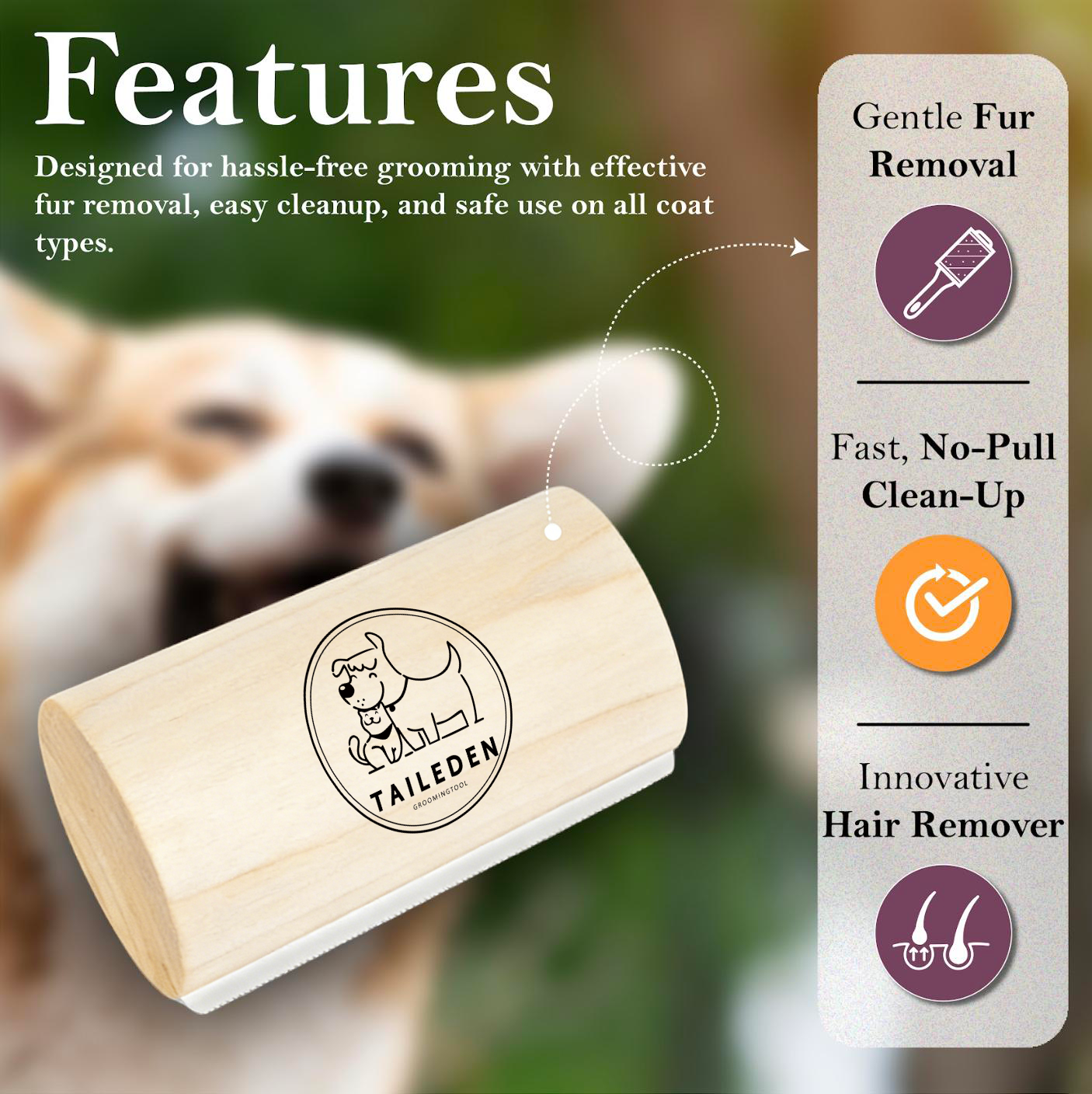 Taily Pet Brush | Wooden Handle, Stainless Steel Deshedding Tool for Cats and Dogs 2