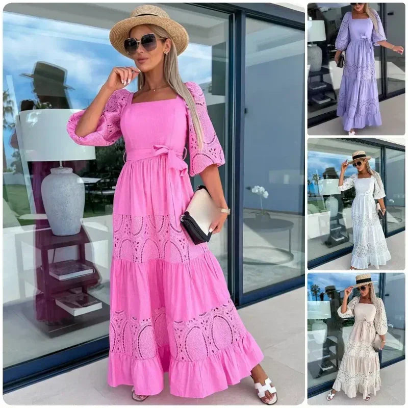 Wanda Maxi Dress | Unique Patchwork Design, Tie Waist, Square Neckline 1