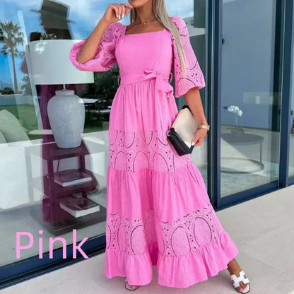 Wanda Maxi Dress | Unique Patchwork Design, Tie Waist, Square Neckline 11