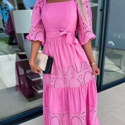 Wanda Maxi Dress | Unique Patchwork Design, Tie Waist, Square Neckline 3