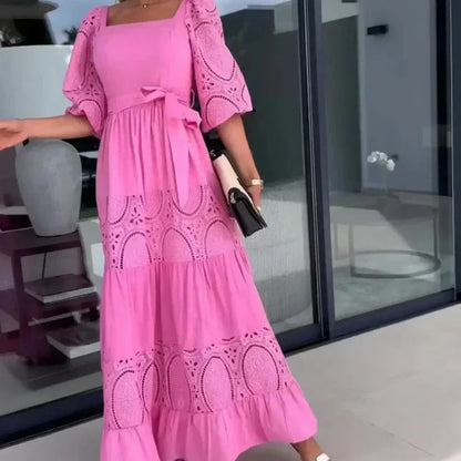 Wanda Maxi Dress | Unique Patchwork Design, Tie Waist, Square Neckline 4