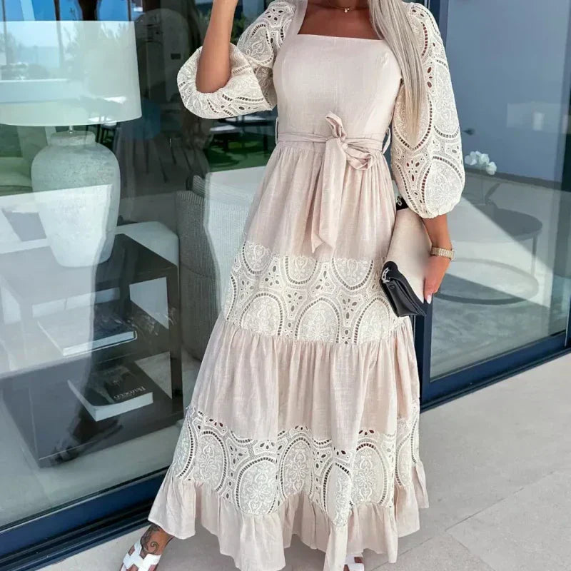 Wanda Maxi Dress | Unique Patchwork Design, Tie Waist, Square Neckline 6