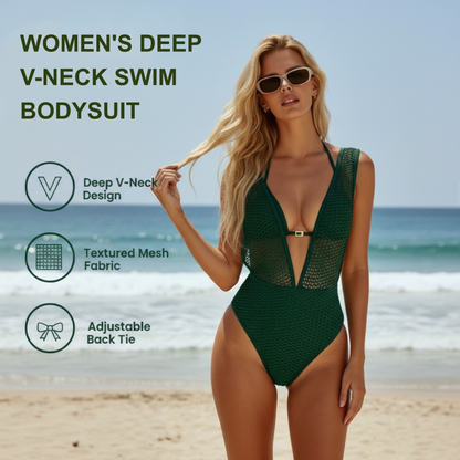 Wanda Swim Bodysuit | Deep V-Neck, Breathable Mesh Swimwear 1