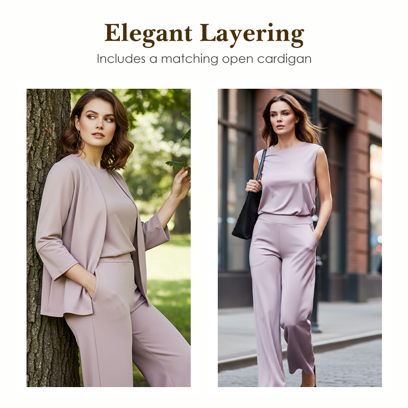Wina Women's Set | Soft Polyester Loungewear, Includes Top, Cardigan & Wide-Leg Pants 5