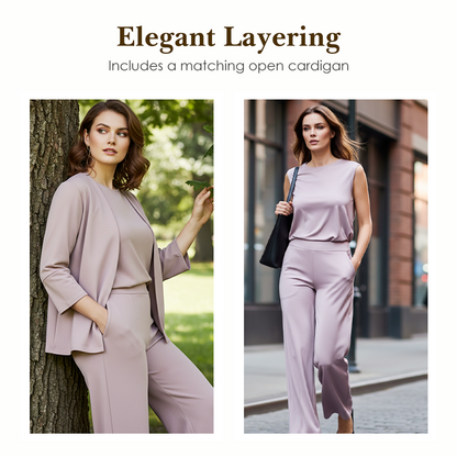 Wina Women's Set | Soft Polyester Loungewear, Includes Top, Cardigan & Wide-Leg Pants 5